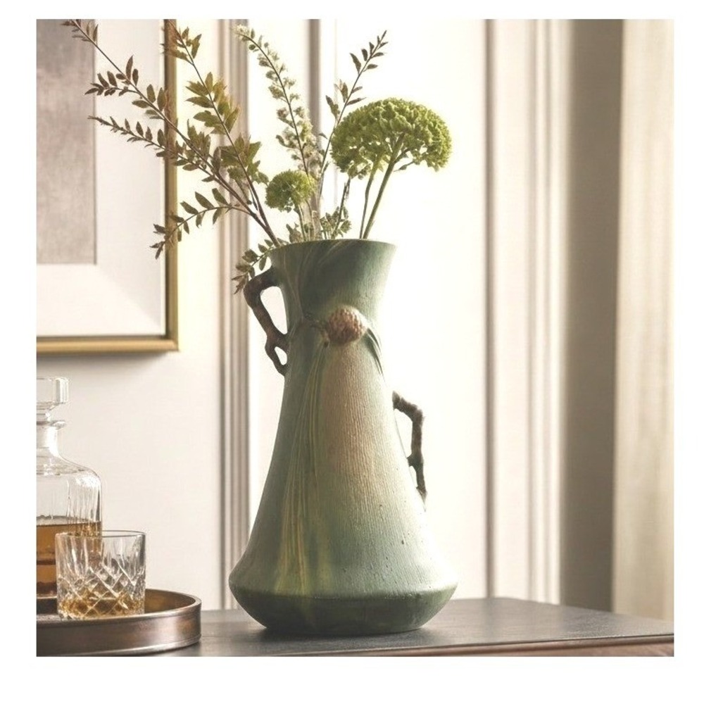 Roseville Art Pottery Green Pinecone Vase - Double Handle - Collectible Art 12"